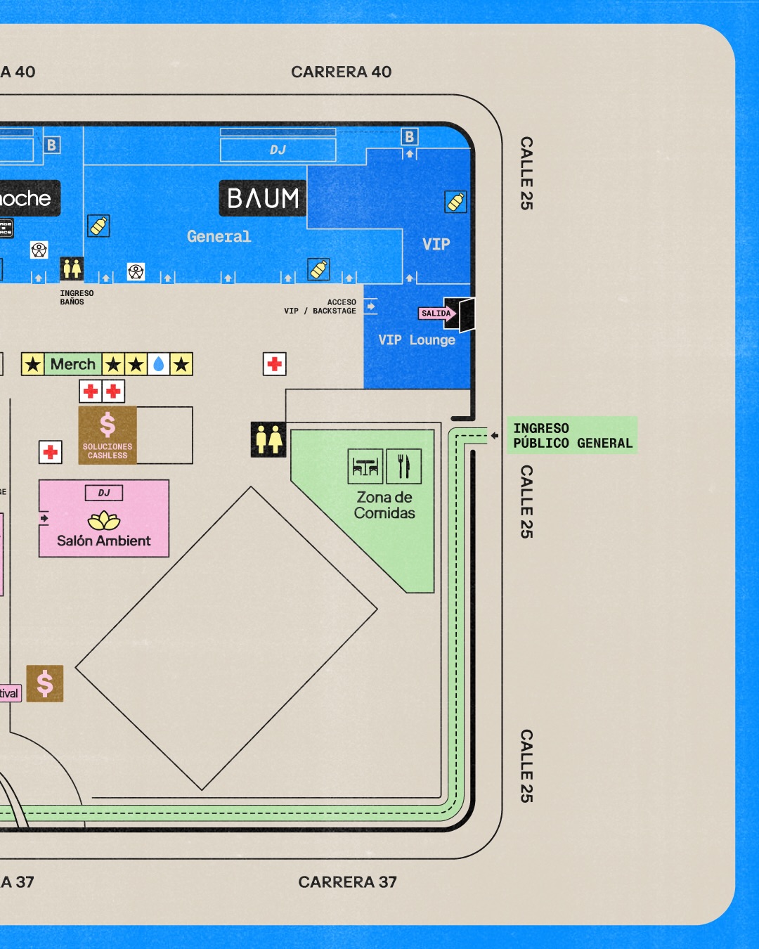 Mapa Baum Festival · sector este (BAUM, todalanoche, Salón Ambient, Zona de Comidas)