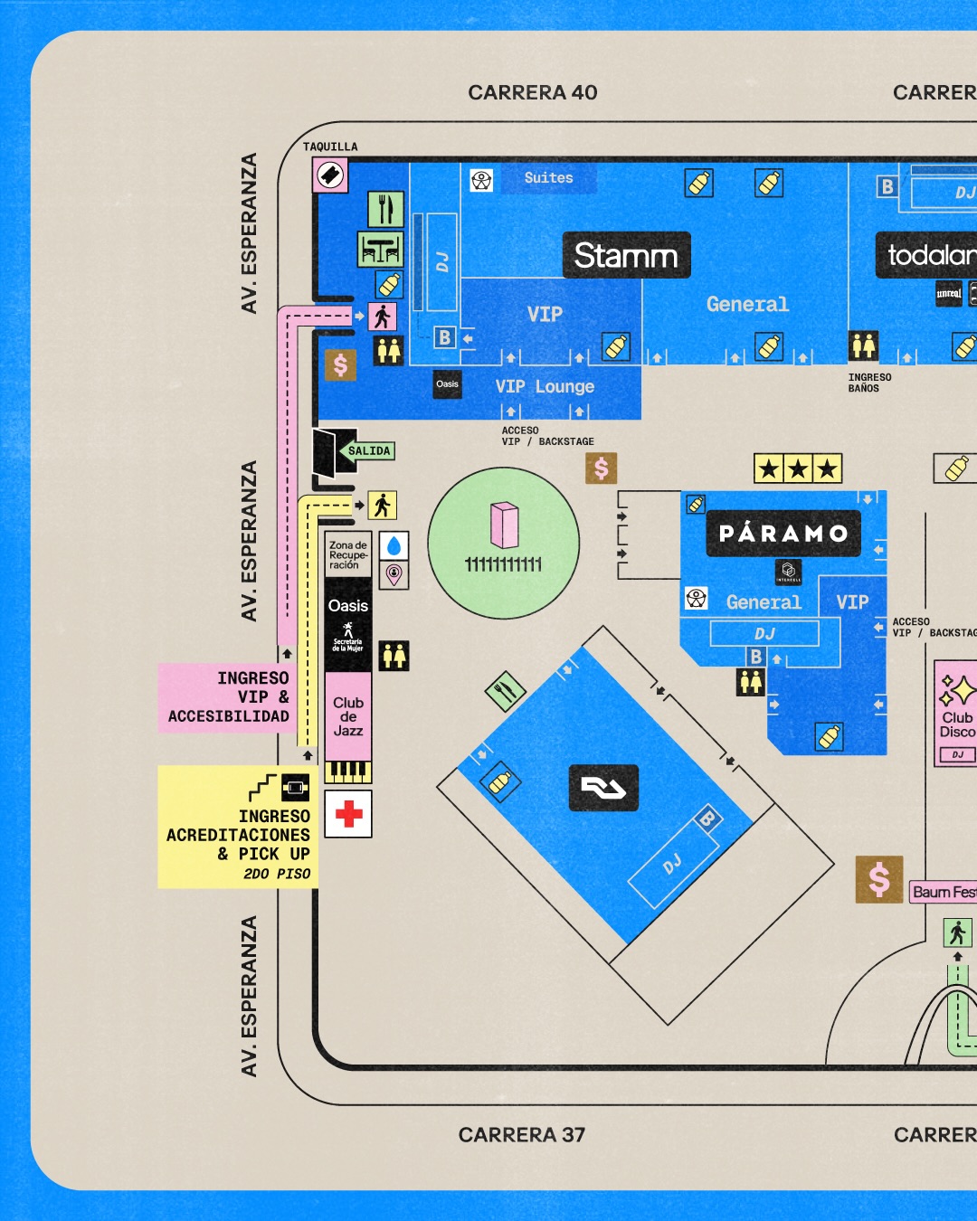 Mapa Baum Festival · sector oeste (Stamm, Páramo, Club de Jazz, Club Disco)